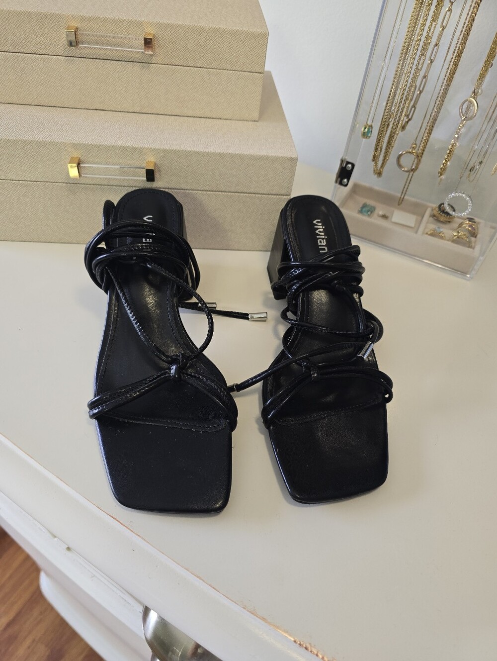 Viviana Black Faux-Leather Strappy Square-Toe Mules